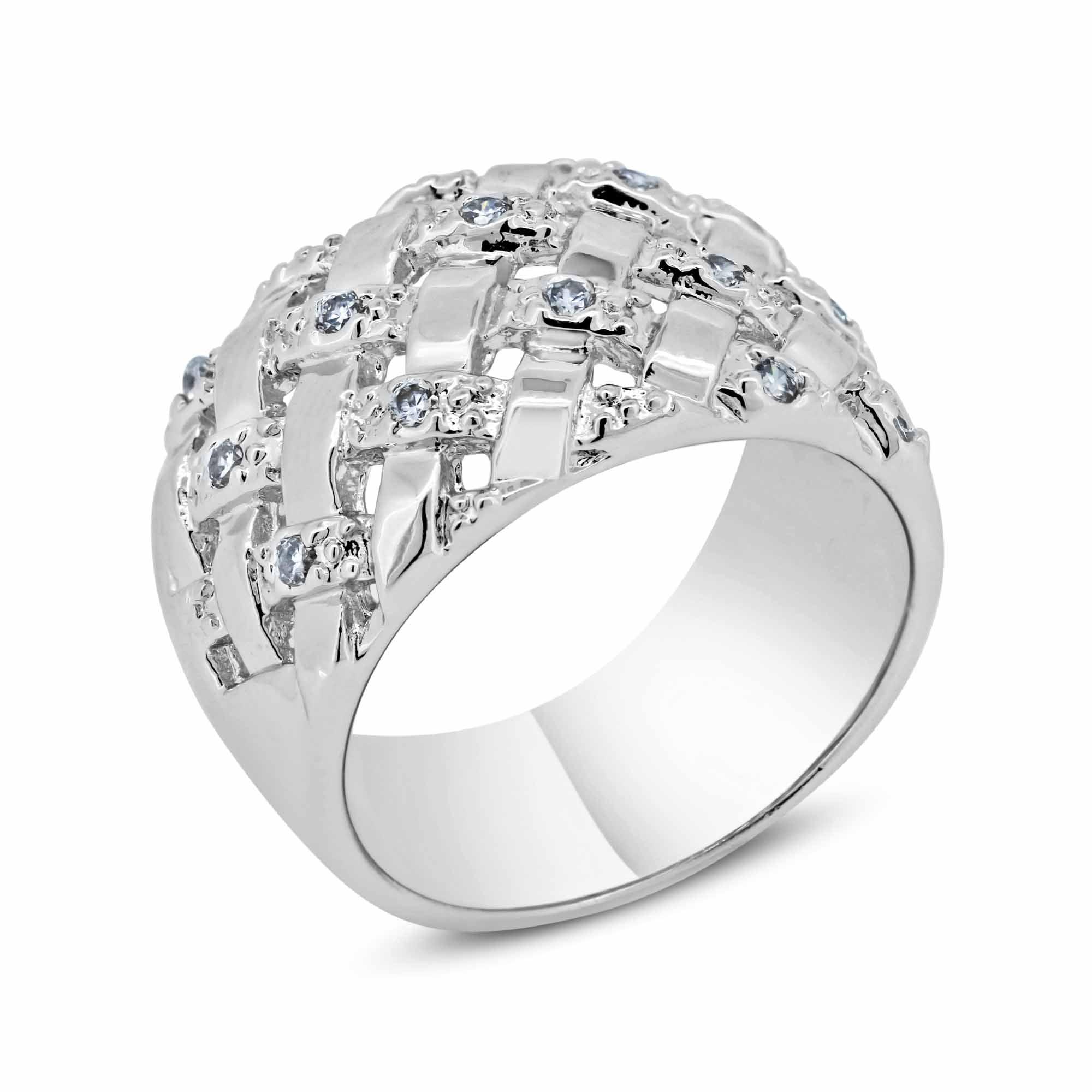 Silver 925 Rhodium Plated Clear CZ Net Ring - BGR00218