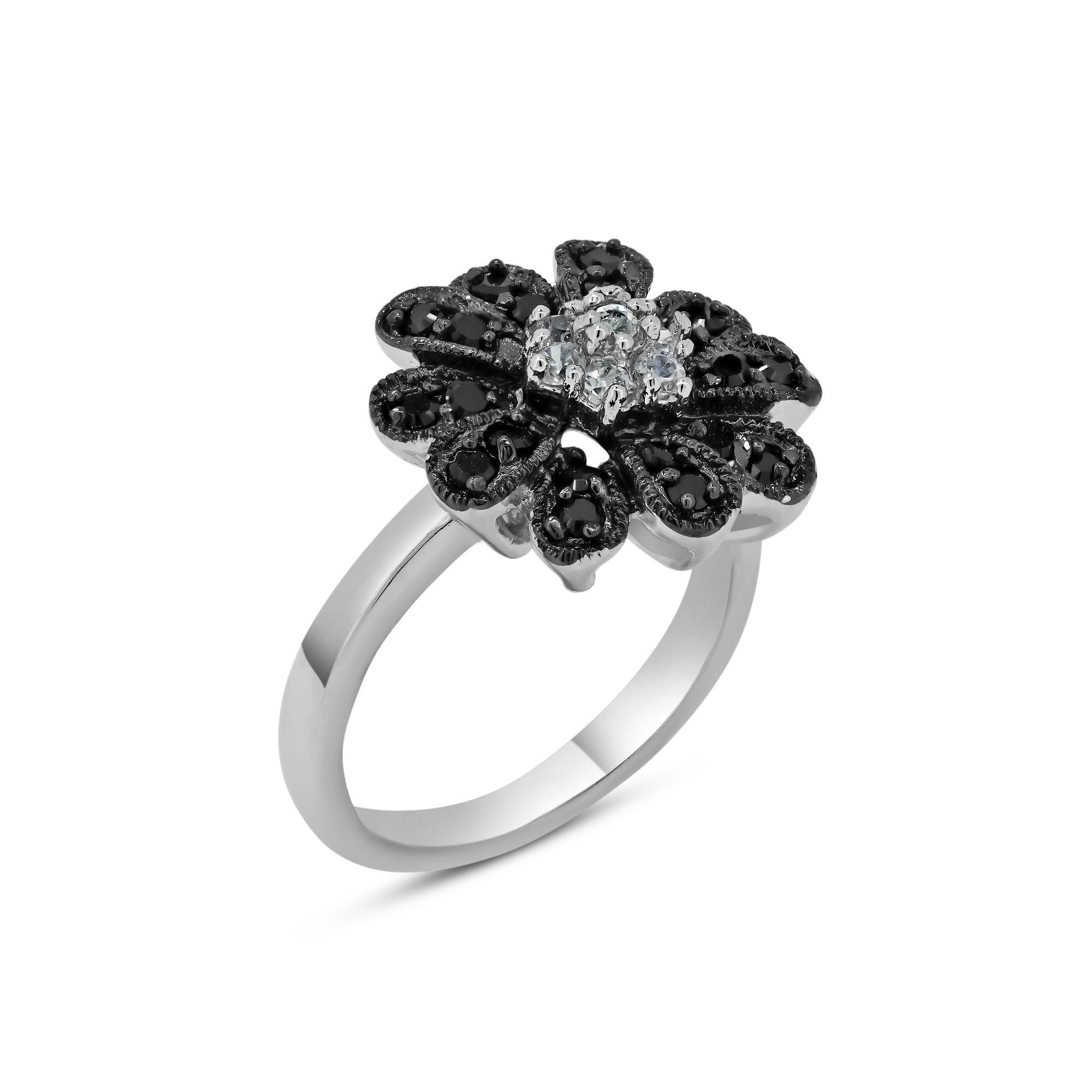 Silver 925 Rhodium and Black Rhodium Plated 2 Toned Black and Clear Pave Set CZ Flower Ring - BGR00242