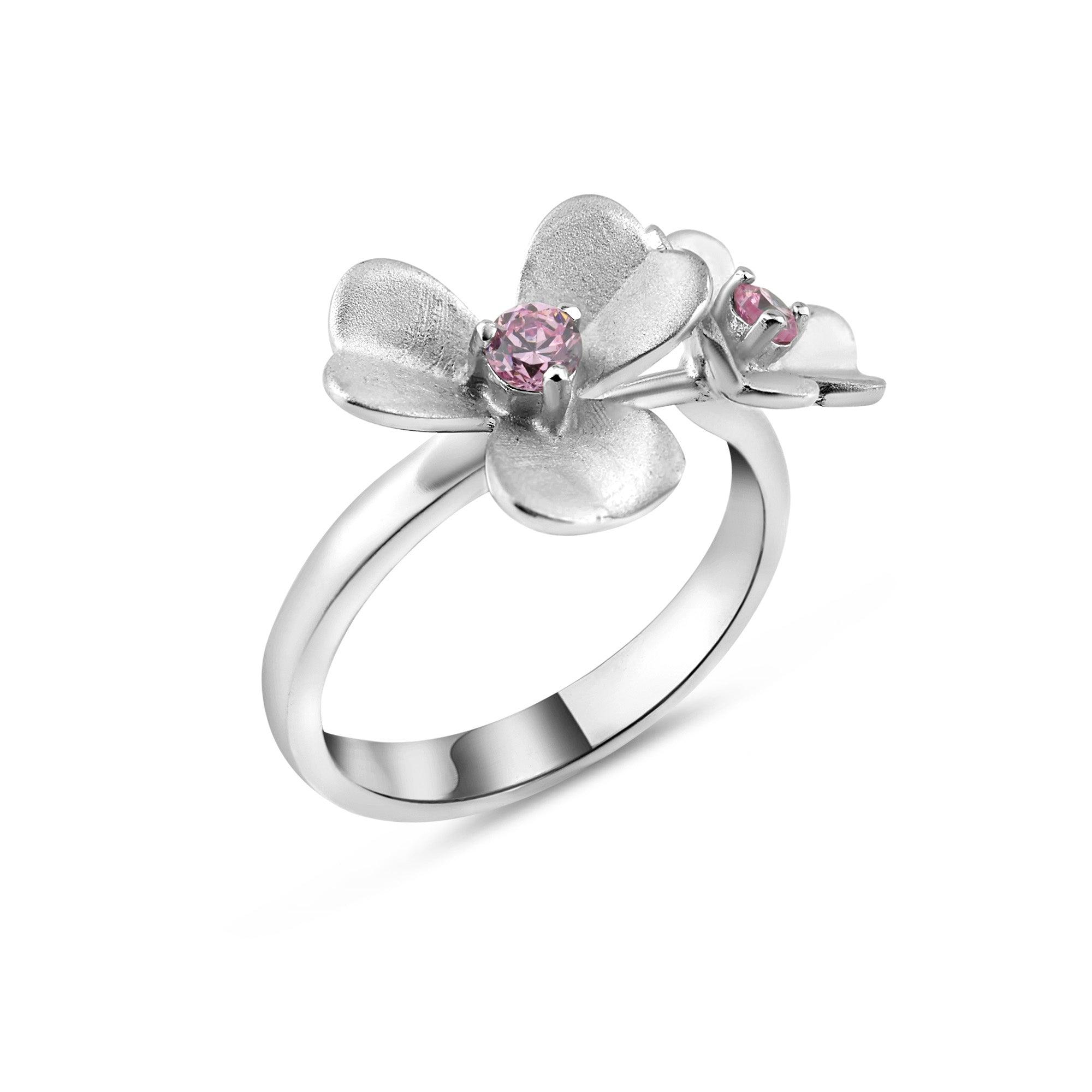 Silver 925 Rhodium Plated Pink CZ Flower Ring - BGR00262