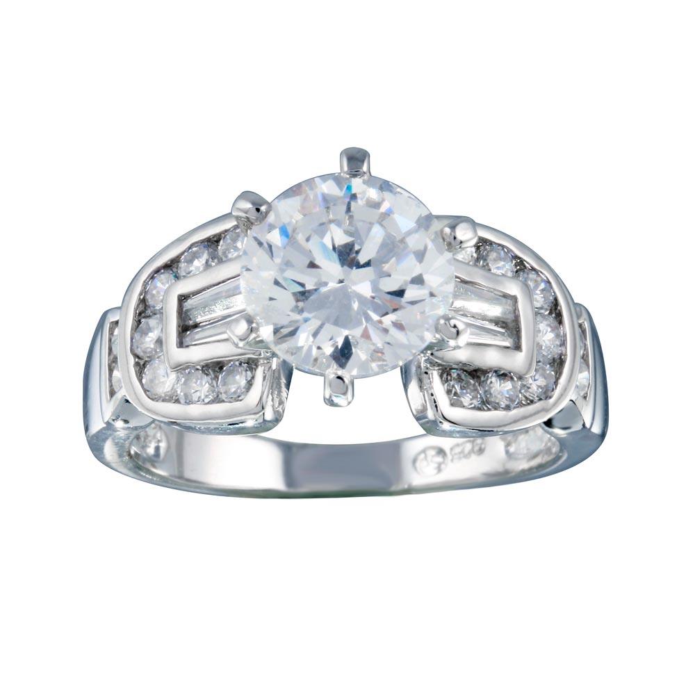 Rhodium Plated 925 Sterling Silver Clear Round Center CZ Bridal Ring - BGR00280