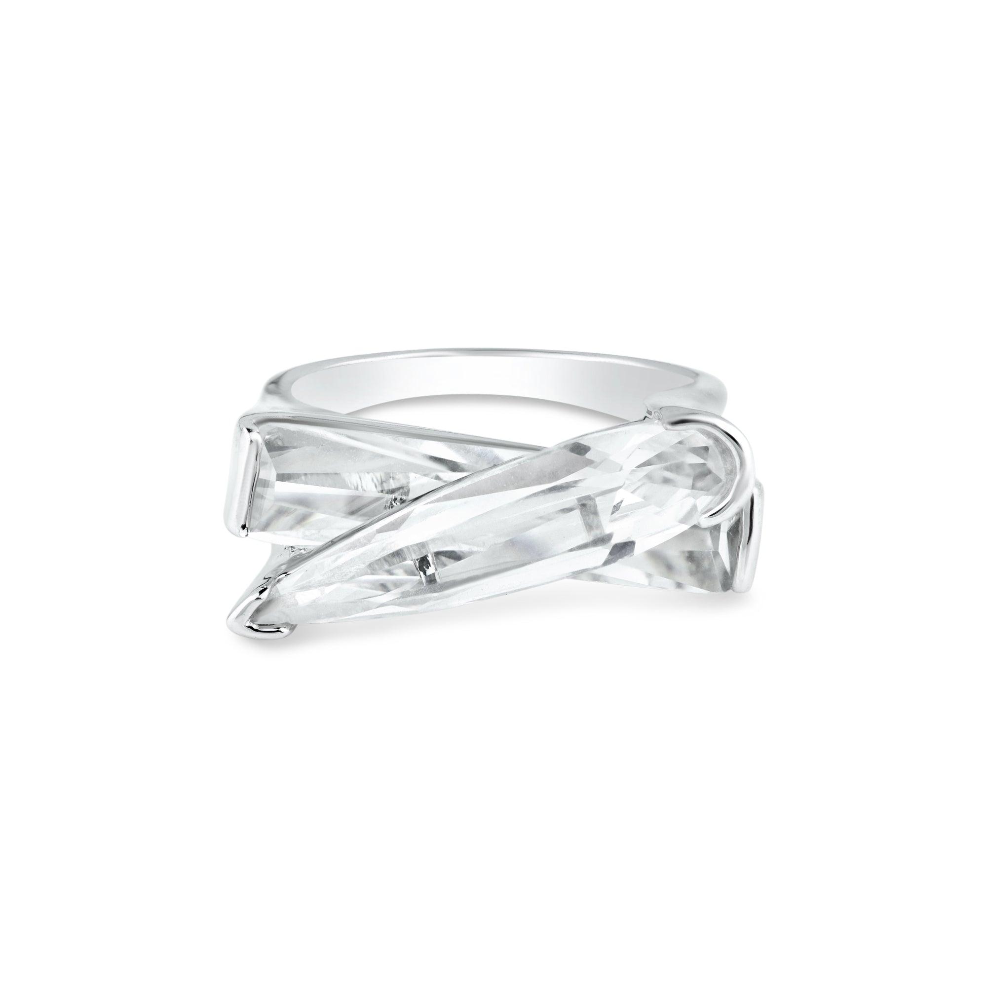 Silver 925 Rhodium Plated Clear CZ Criss Cross Ring - BGR00299