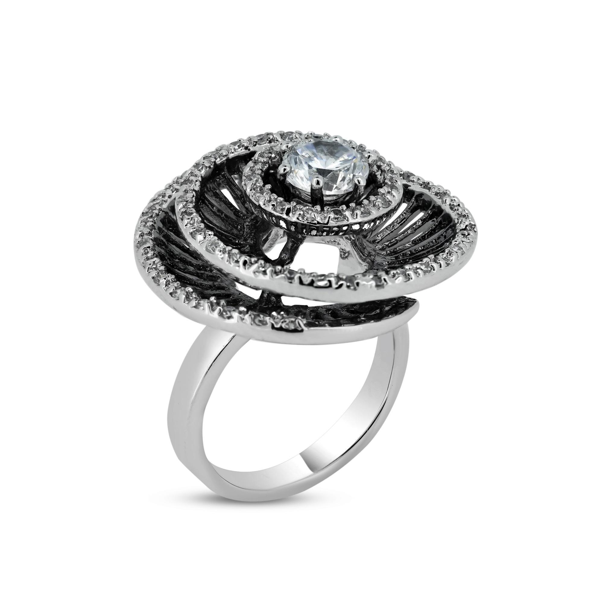 Silver 925 Rhodium and Black Rhodium Plated 2 Toned Round Center Clear CZ Spiral Ring - BGR00308