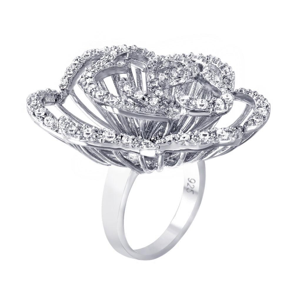 Silver 925 Rhodium Plated Clear CZ Rose Flower Ring - BGR00311WHT