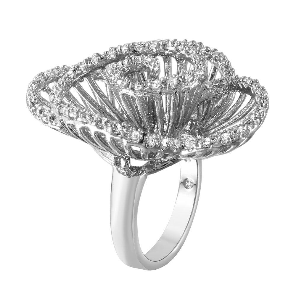 Silver 925 Rhodium Plated Clear CZ Twirly Flower Ring - BGR00314RH