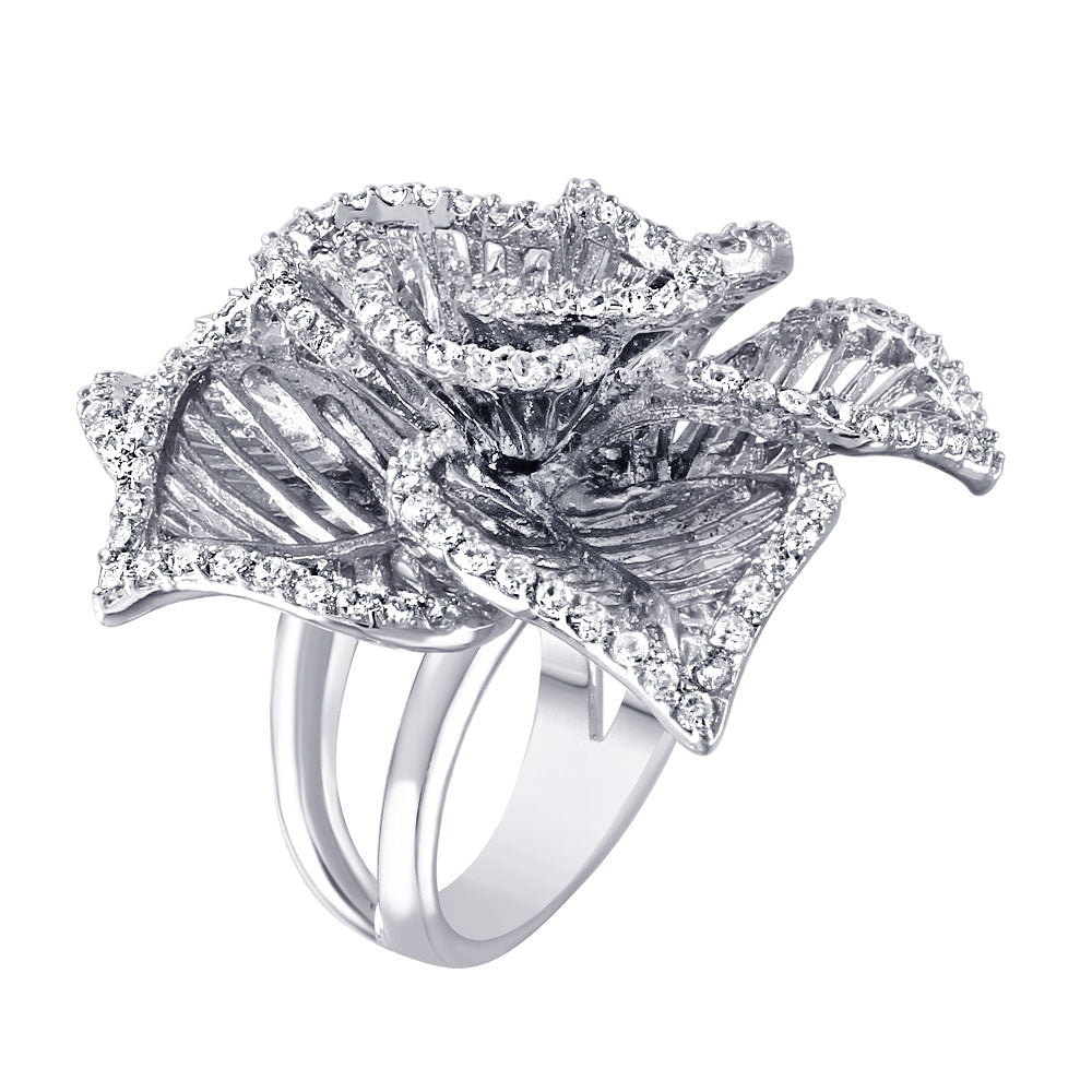Silver 925 Rhodium Plated Clear CZ Open Flower Ring - BGR00316WHT