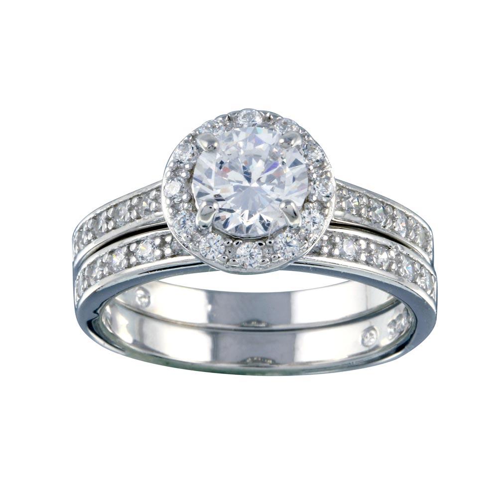 Rhodium Plated 925 Sterling Silver Clear CZ Round Bridal Ring Set - BGR00459