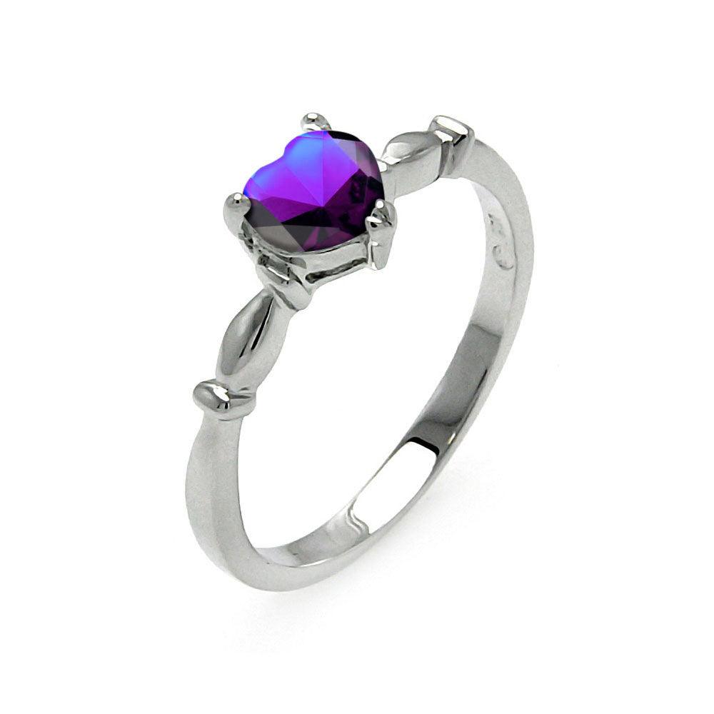 Rhodium Plated 925 Sterling Silver CZ Heart Purple February Ring - BGR00521FEB