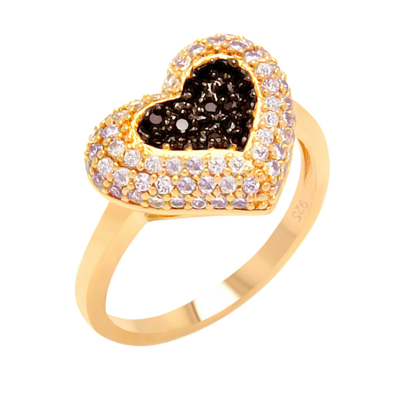 Silver 925 Rose Gold and Black Rhodium Plated Clear and Black Pave Set Heart Ring - BGR00605
