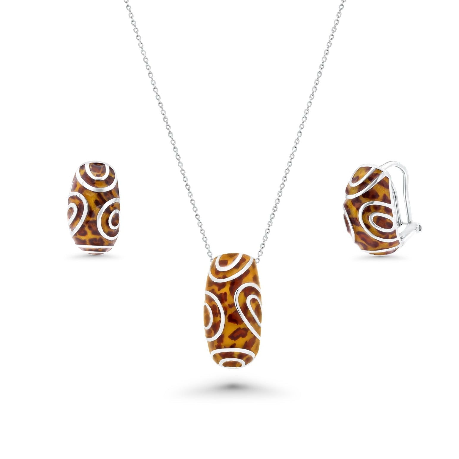 Silver 925 Rhodium Plated Tiger Stripe Print Clear CZ French Clip Earring and Necklace Set - BGS00065