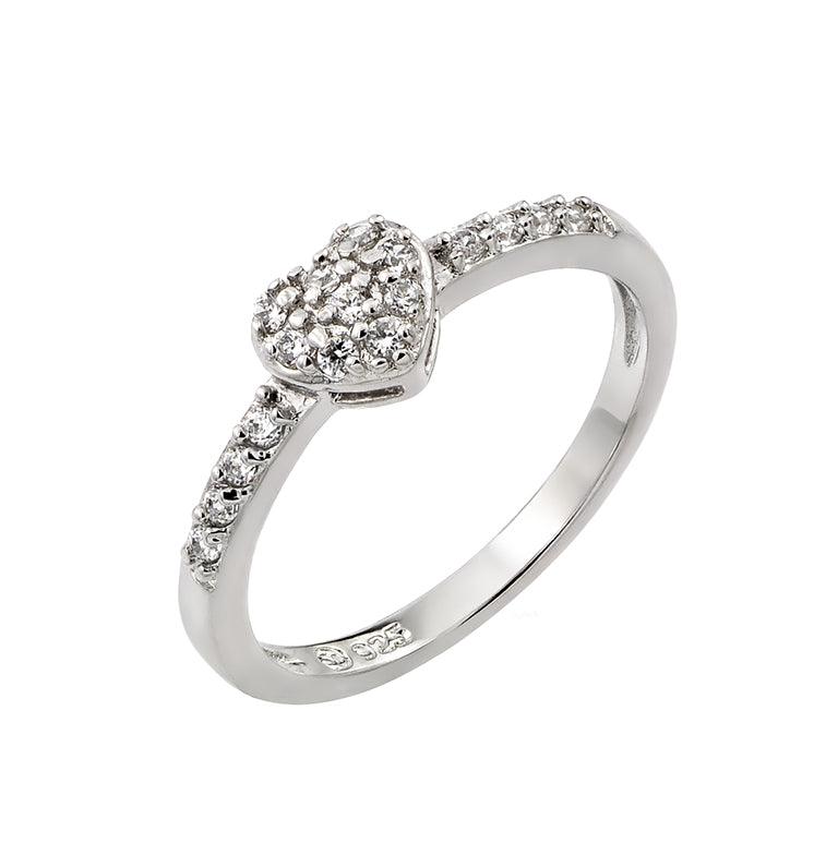 Rhodium Plated 925 Sterling Silver Clear Inlay CZ April Birthstone Heart Ring - BGR00784APR