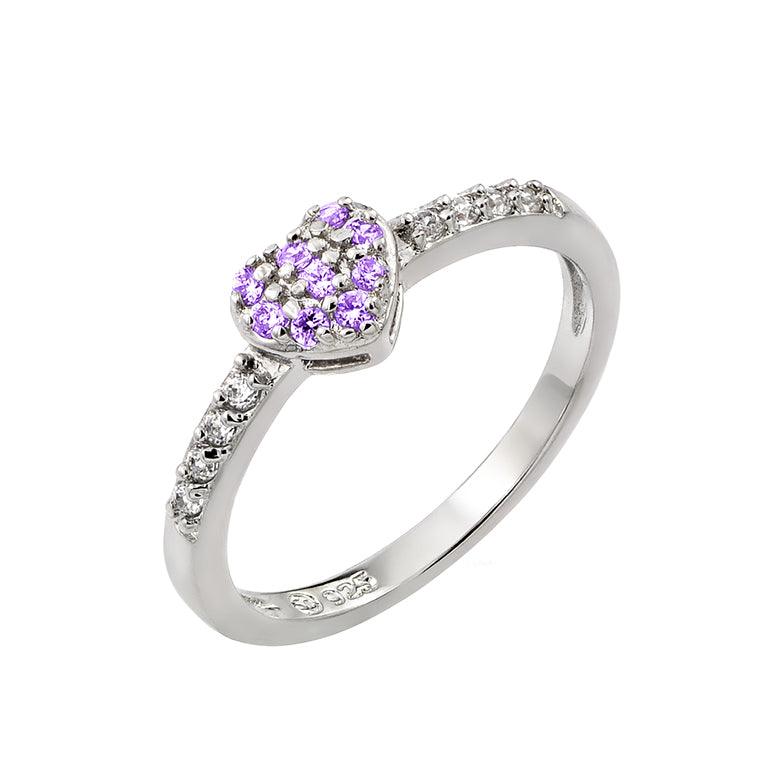 Rhodium Plated 925 Sterling Silver Clear Inlay CZ February Birthstone Heart Ring - BGR00784FEB