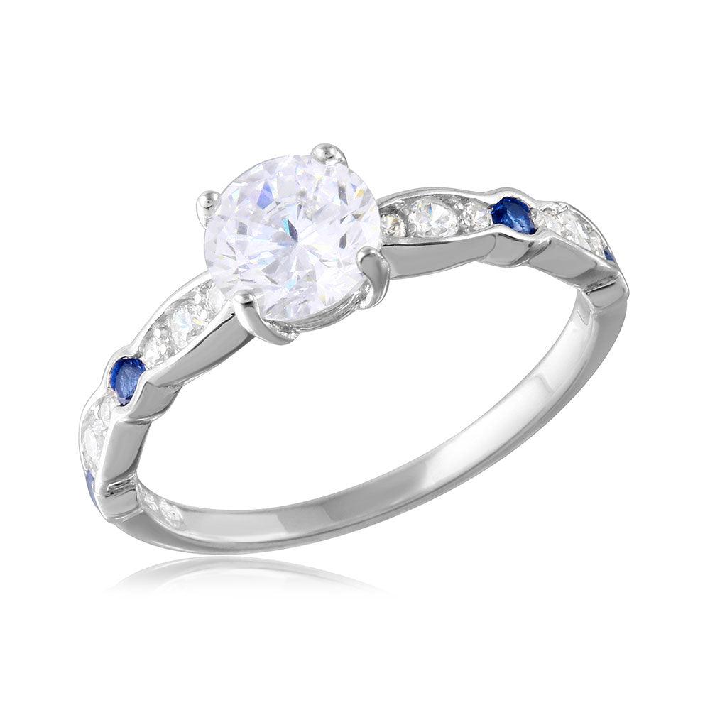 Silver 925 Rhodium Plated Blue and Clear CZ Ring - BGR01077