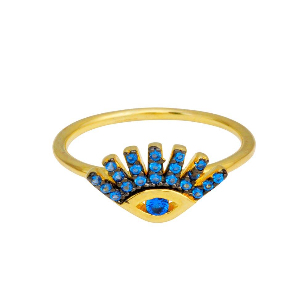 Gold Plated 925 Sterling Silver Blue CZ Eye Ring - BGR01116