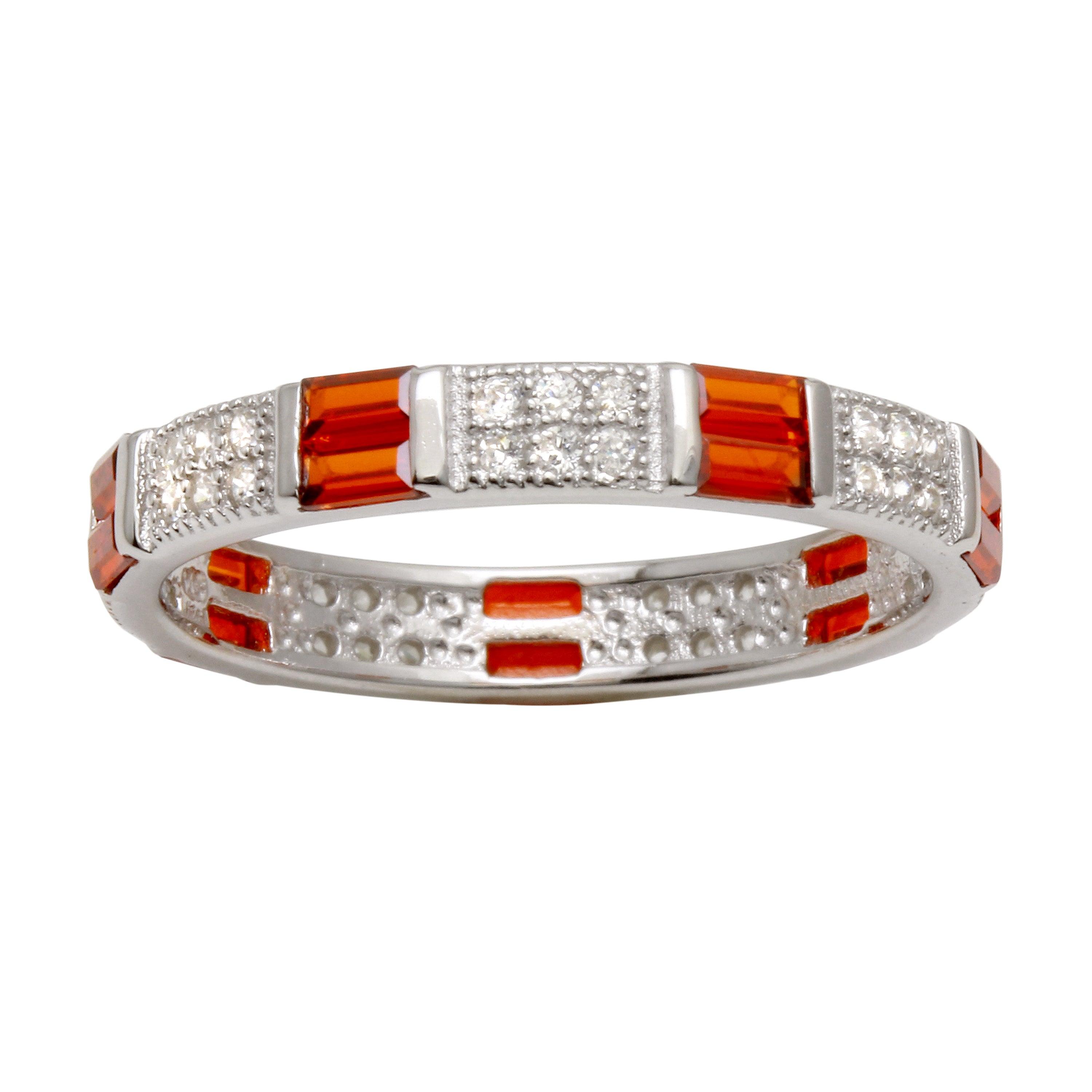 Rhodium Plated 925 Sterling Silver Pattern Eternity Ring with Red and Clear CZ - BGR01177RED