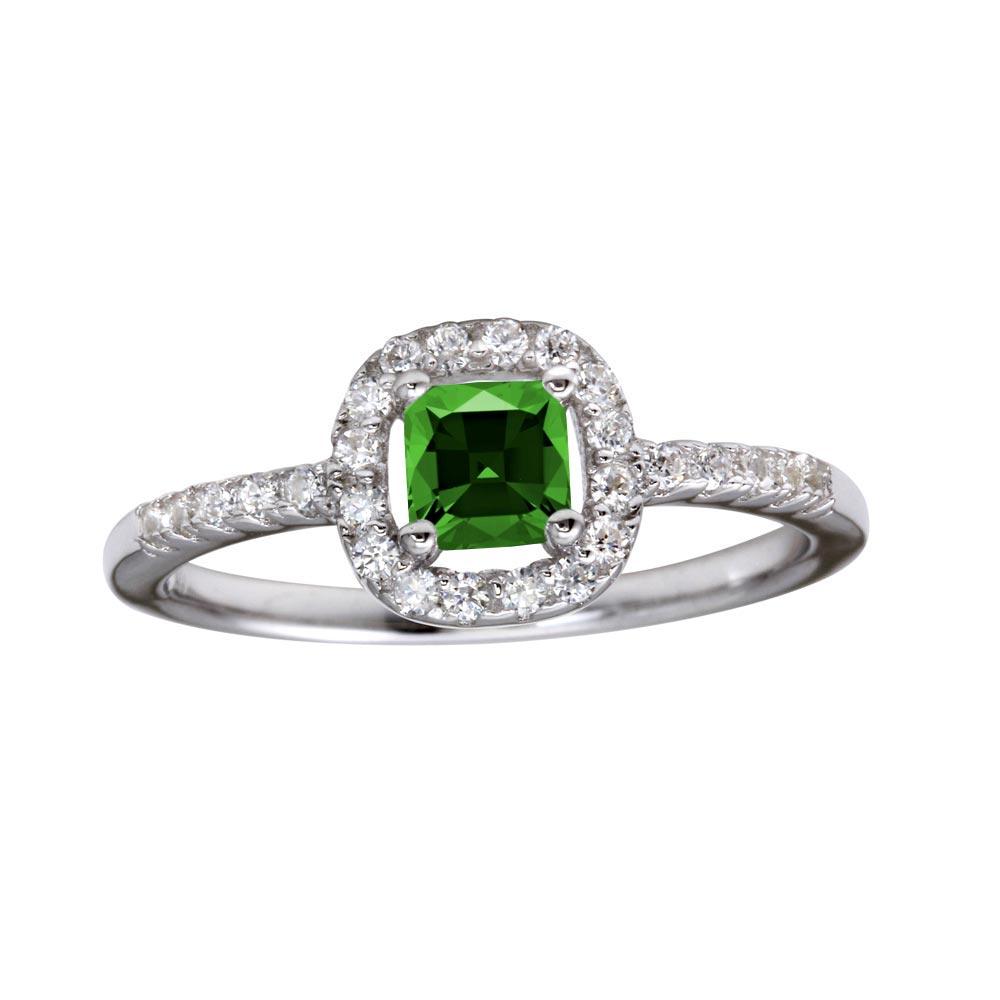Rhodium Plated 925 Sterling Silver Square Clear and Green CZ Center Stone Ring - BGR01222GRN