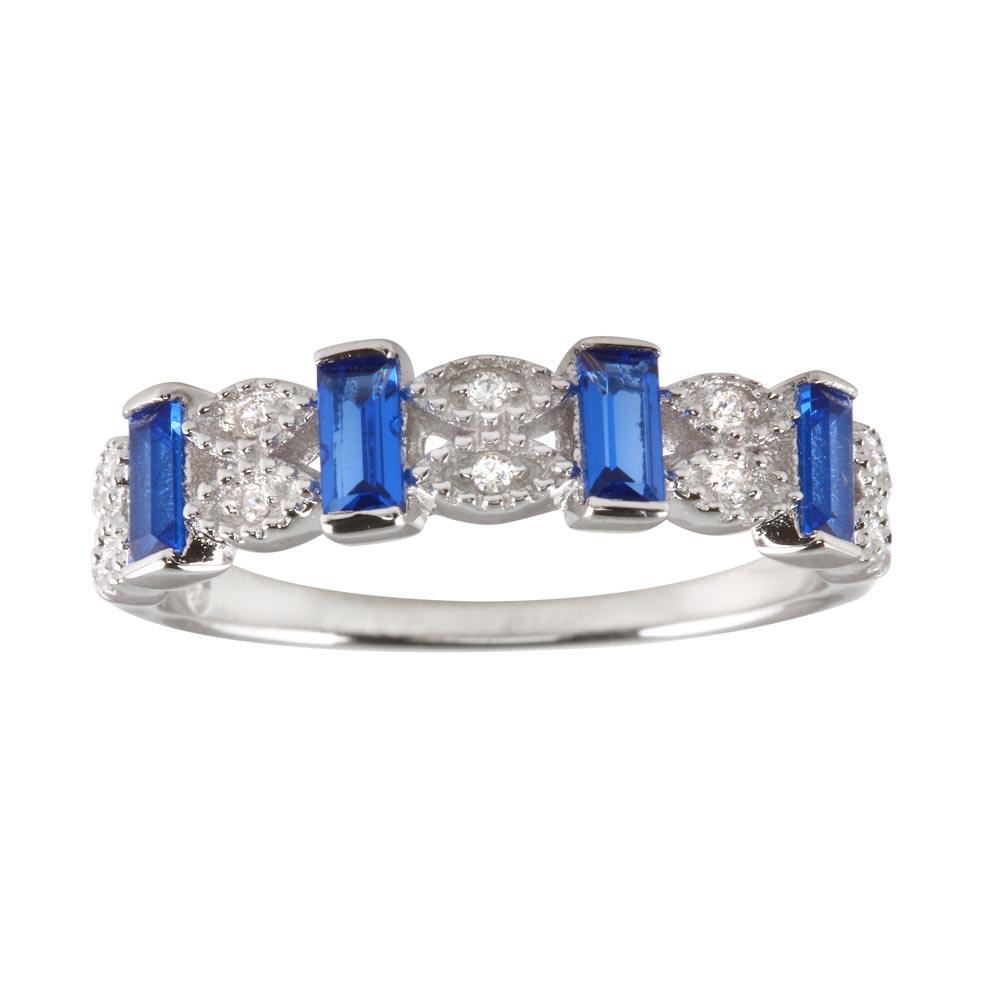 Rhodium Plated 925 Sterling Silver Blue Bar CZ Link Ring - BGR01223BLU