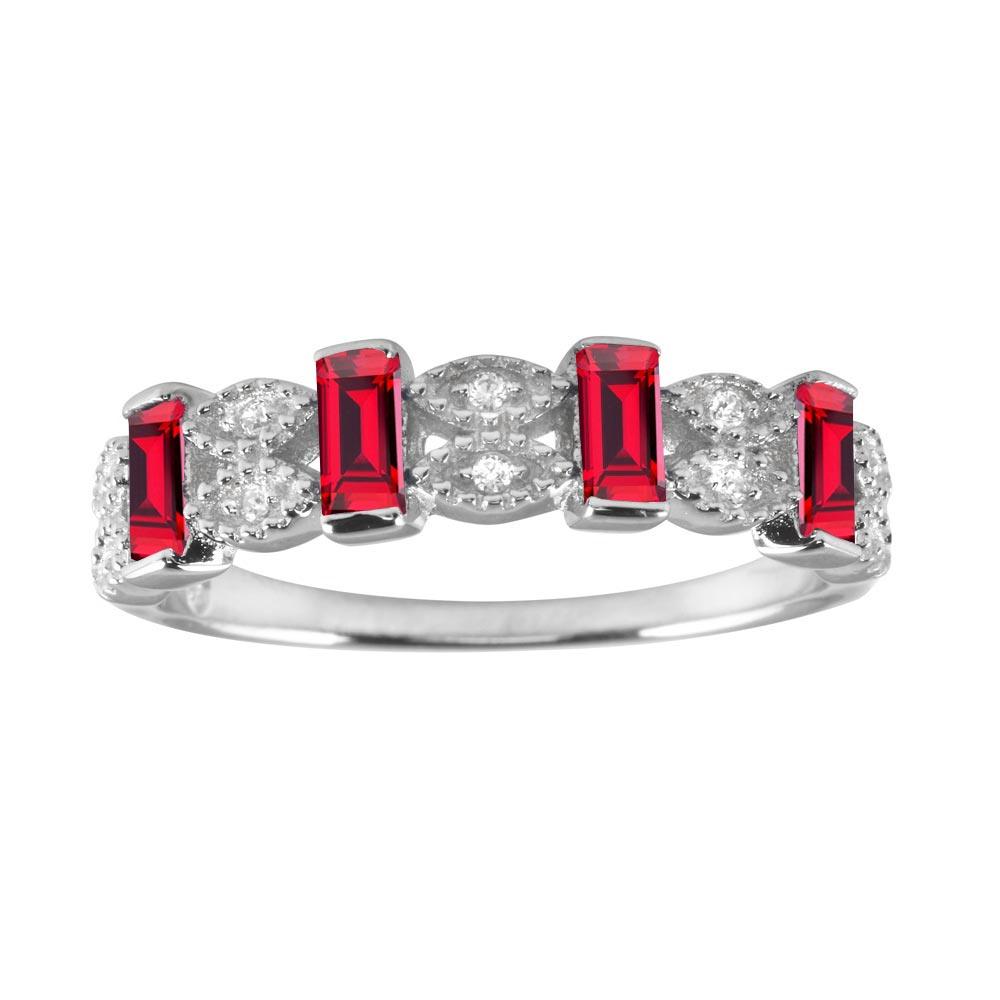 Rhodium Plated 925 Sterling Silver Red Bar CZ Link Ring - BGR01223RED