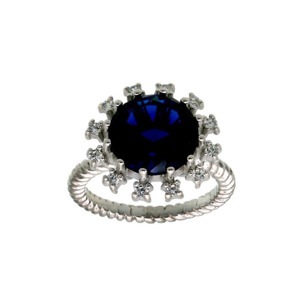 Rhodium Plated 925 Sterling Silver Blue Center Flower CZ Ring with Rope Band - BGR01302BLU