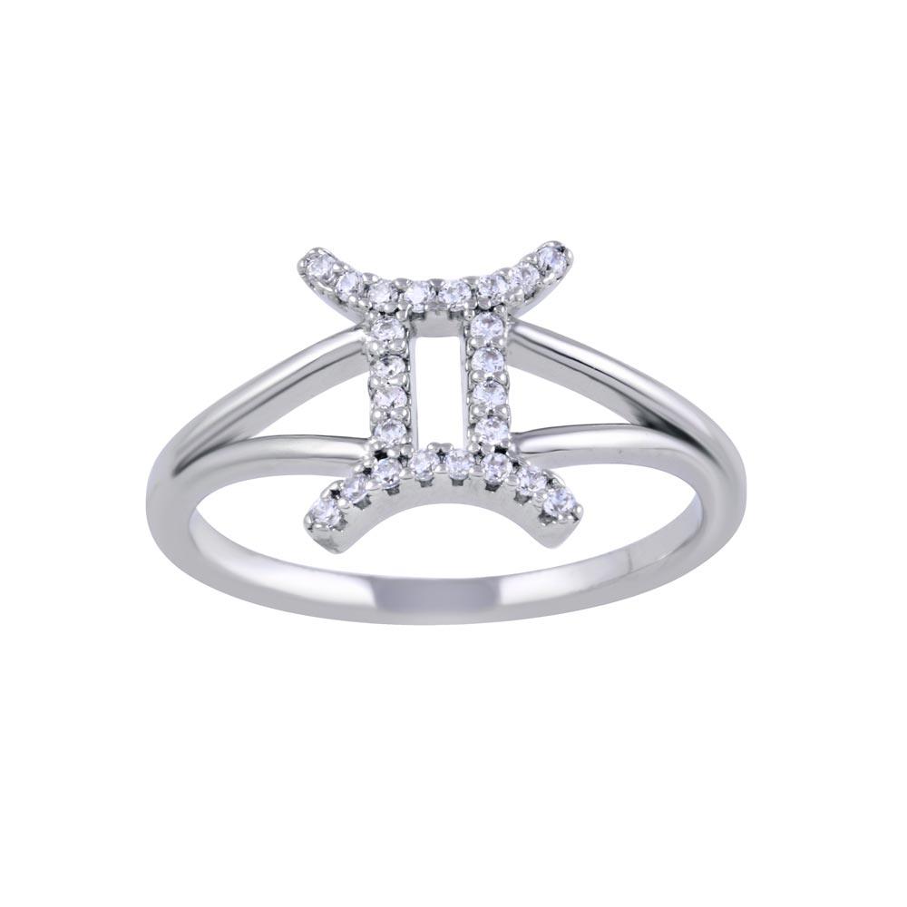 Rhodium Plated 925 Sterling Silver Gemini CZ Zodiac Sign Ring - BGR01323