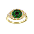 Gold Plated 925 Sterling Silver Black Green Clear CZ Evil Eye Ring - BGR01337