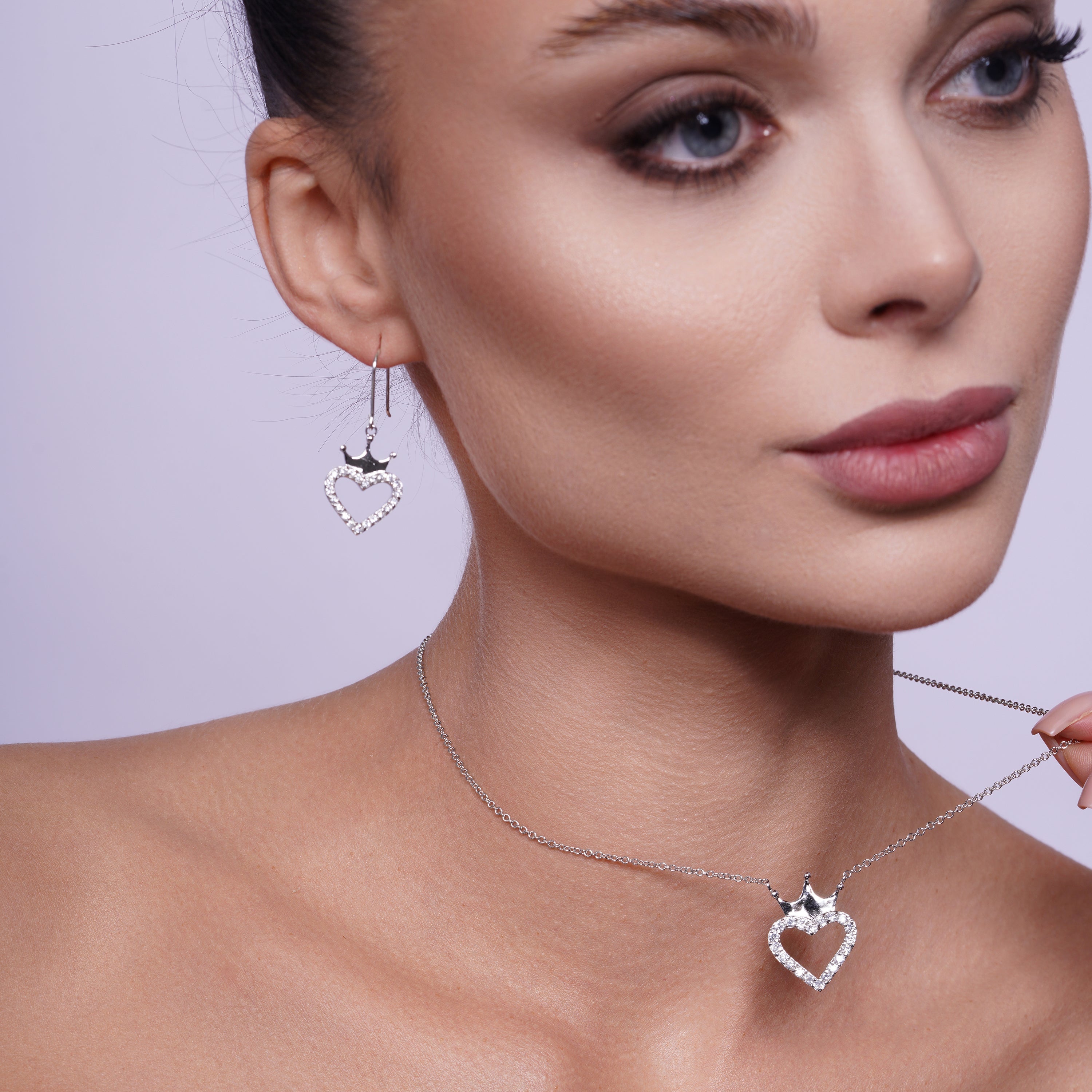 Silver 925 Rhodium Plated Clear Open Heart and Crown CZ Hook Earring and Necklace Set - BGS00009