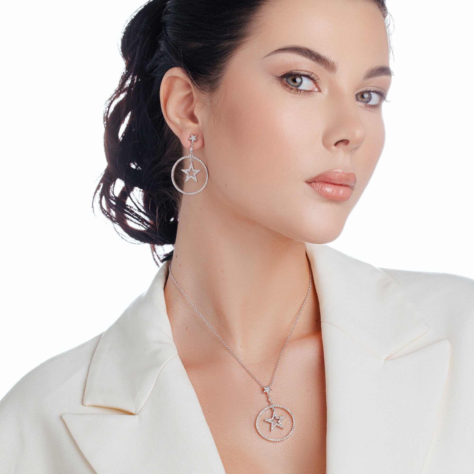 Silver 925 Rhodium Plated Clear Open Circle Star CZ Dangling Stud Earring and Dangling Necklace Set - BGS00012