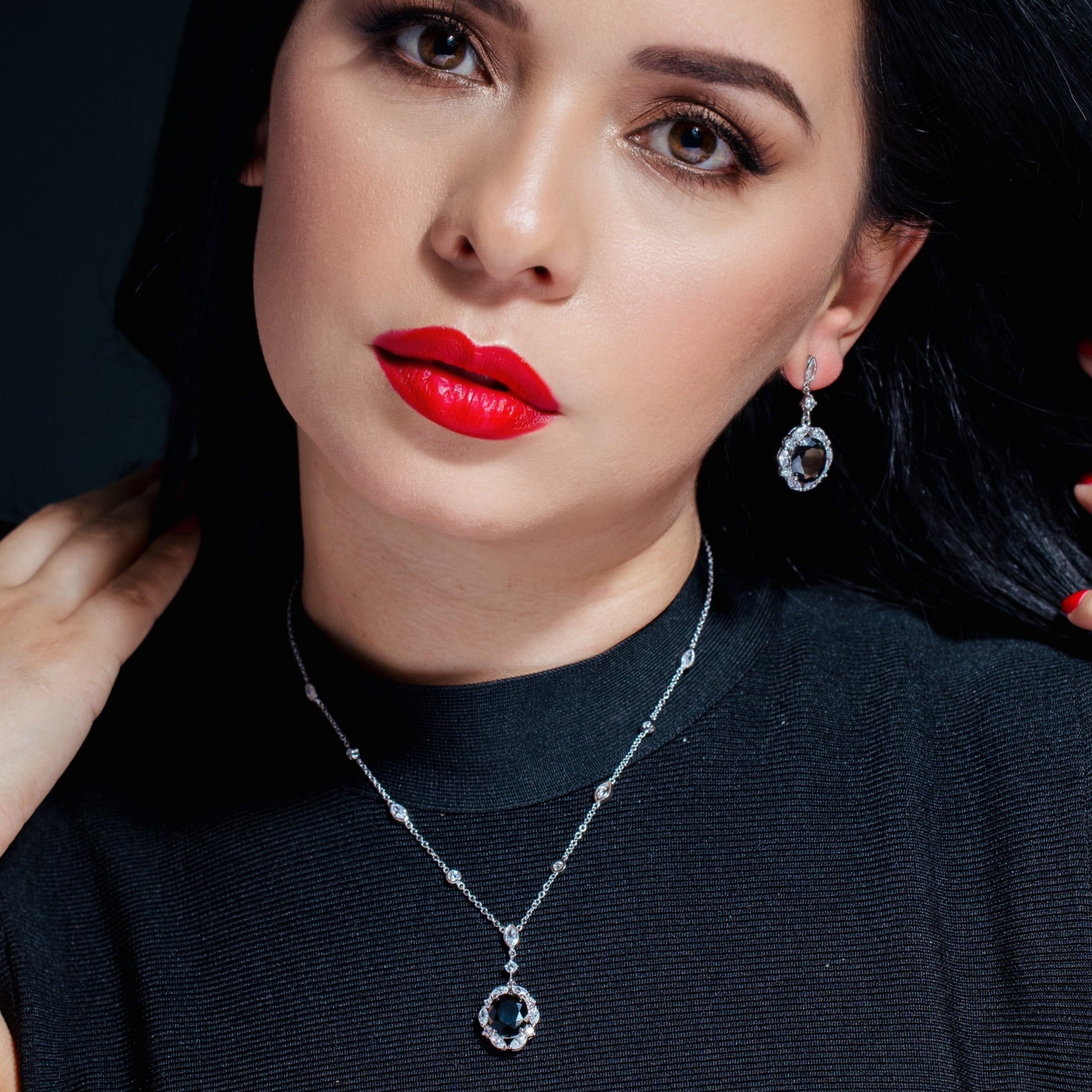 Silver 925 Rhodium Plated Black and Clear Flower CZ Dangling Stud Earring and Dangling Necklace Set - BGS00015