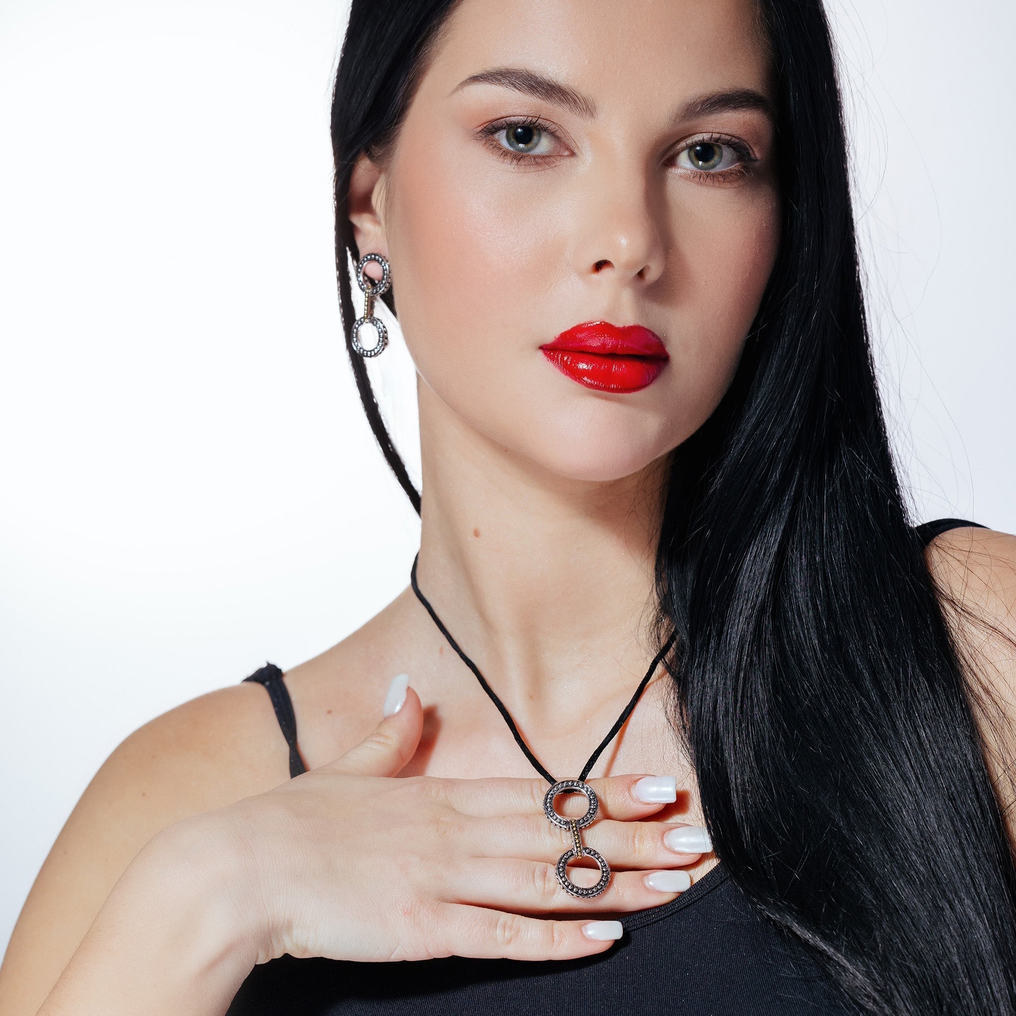 Silver 925 Oxidized Rhodium Plated Open Circle Dangling Stud Earring and Dangling Necklace Set - BGS00020