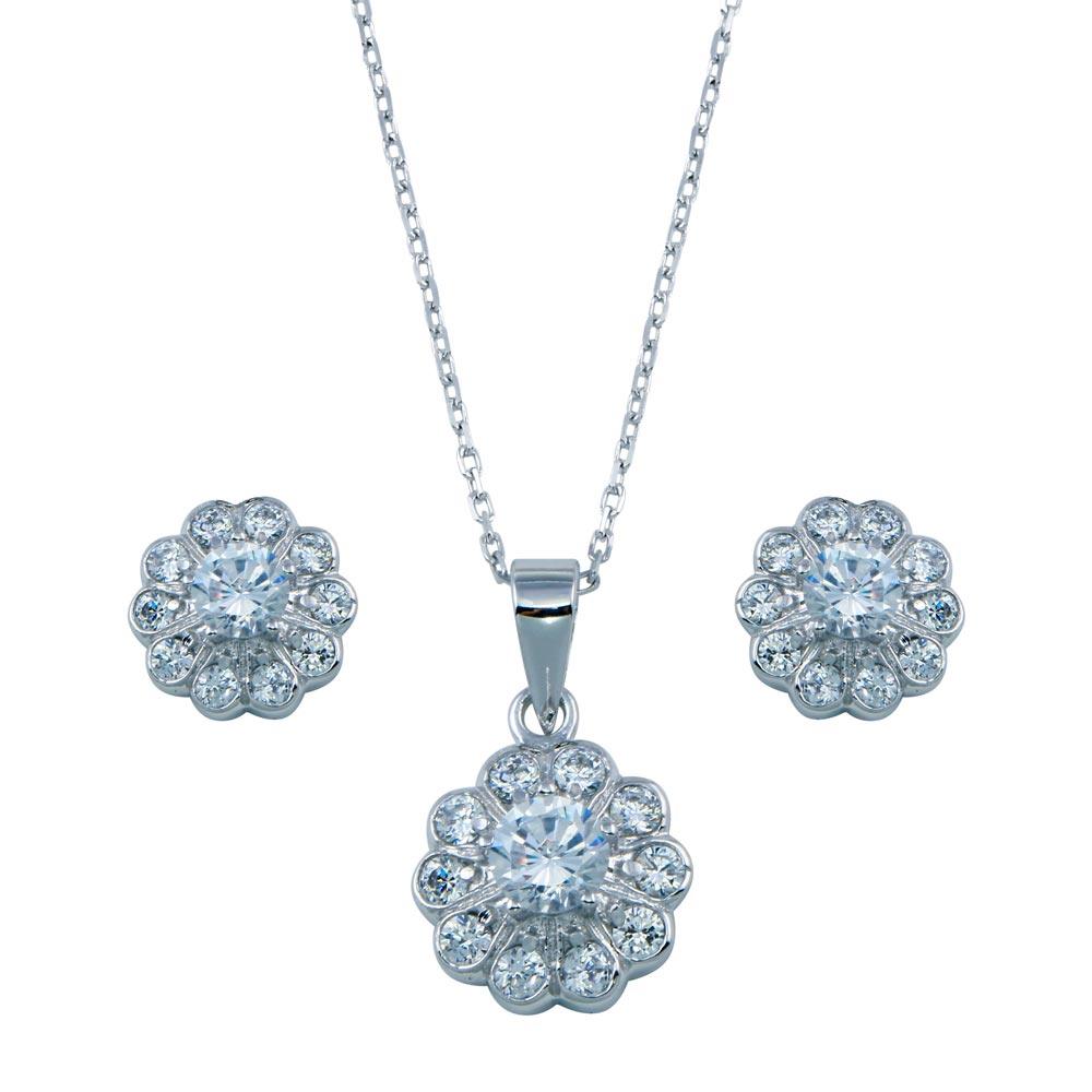 Rhodium Plated 925 Sterling Silver Clear Flower CZ Set - BGS00027
