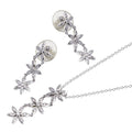 Silver 925 Rhodium Plated Clear Flower CZ Dangling Stud Earring and Dangling Necklace Set - BGS00034