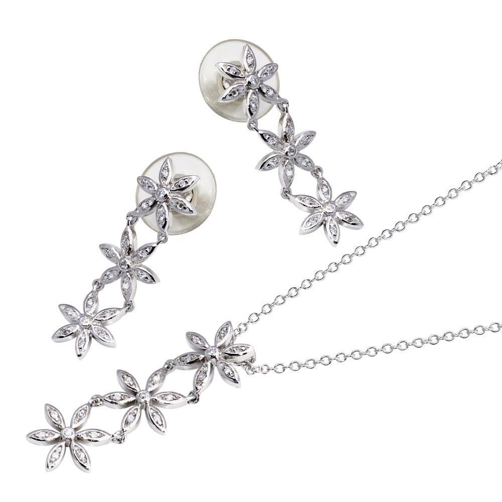 Silver 925 Rhodium Plated Clear Flower CZ Dangling Stud Earring and Dangling Necklace Set - BGS00034