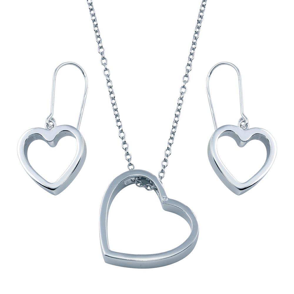Rhodium Plated 925 Sterling Silver Open Heart Hook Earring and Necklace Set - BGS00035