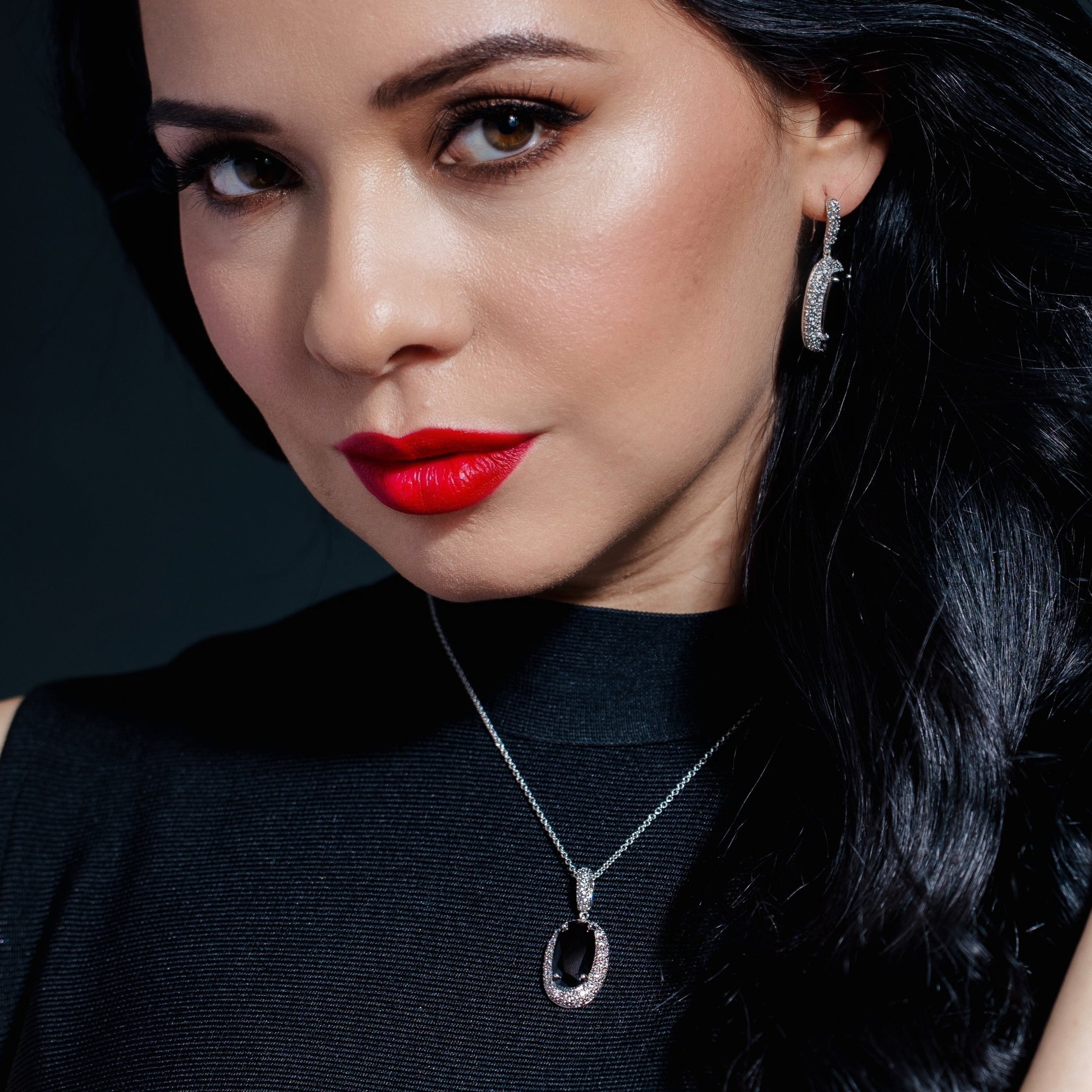 Silver 925 Rhodium Plated Black Oval and Clear Micro Pave CZ Hook Earring and Dangling Necklace Set - BGS00041