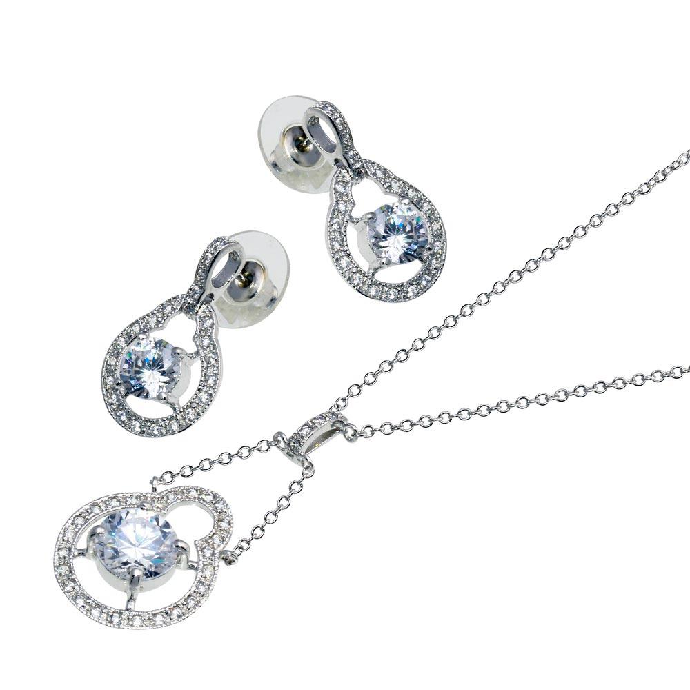 Silver 925 Rhodium Plated Round Circle Open Clear Center CZ Dangling Stud Earring and Dangling Necklace Set - BGS00043