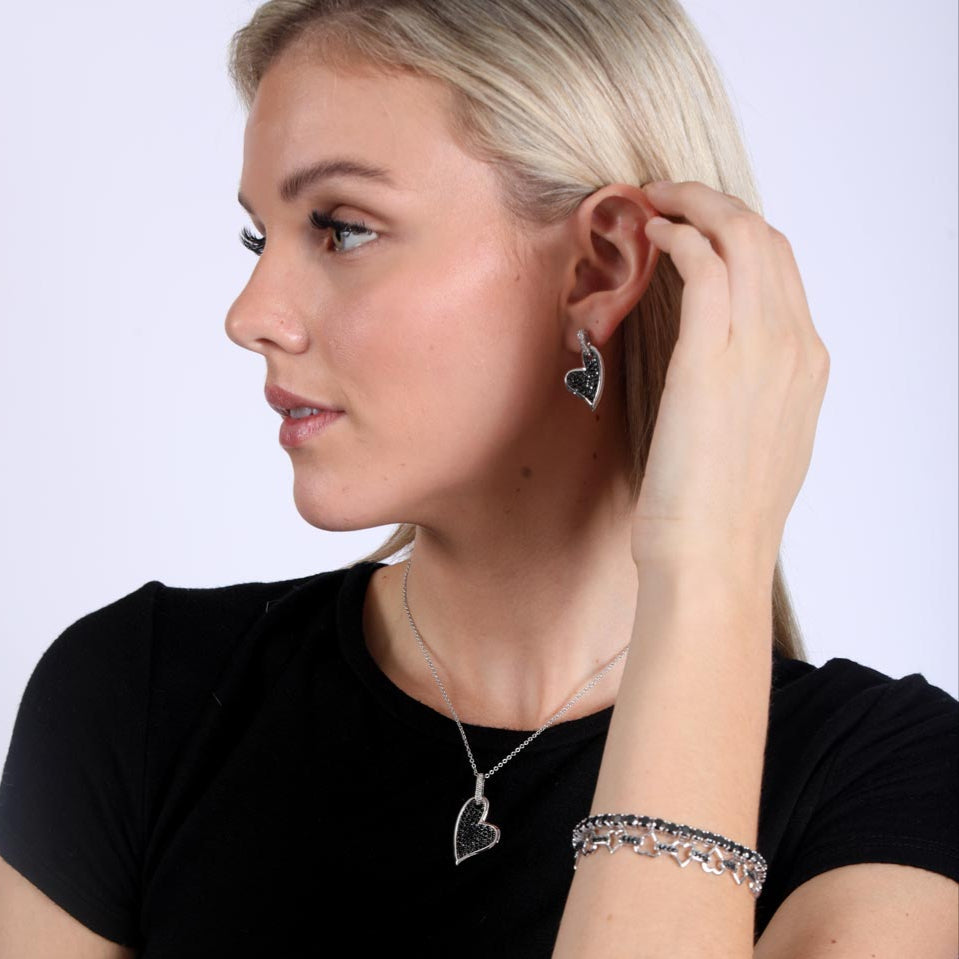Silver 925 Rhodium and Black Rhodium Plated Black Pave Set Heart CZ Dangling Set - BGS00053