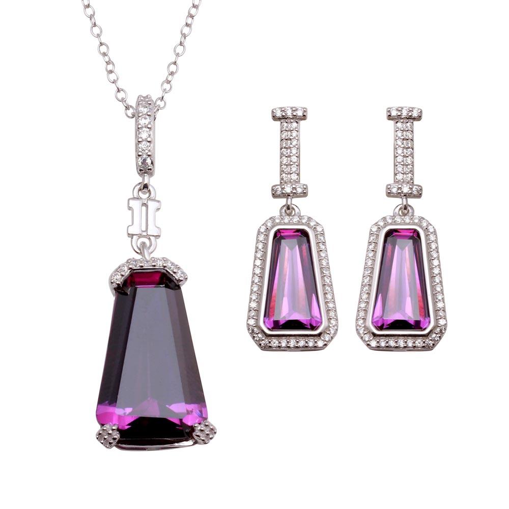 Rhodium Plated 925 Sterling Silver Large Purple CZ Stone Earring and Necklace Set - BGS00531