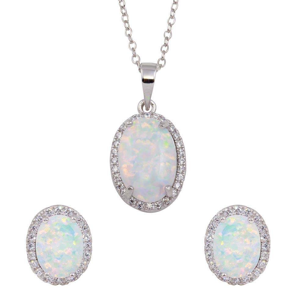 Rhodium Plated 925 Sterling Silver Oval Synthetic Opal Set with CZ - BGS00574