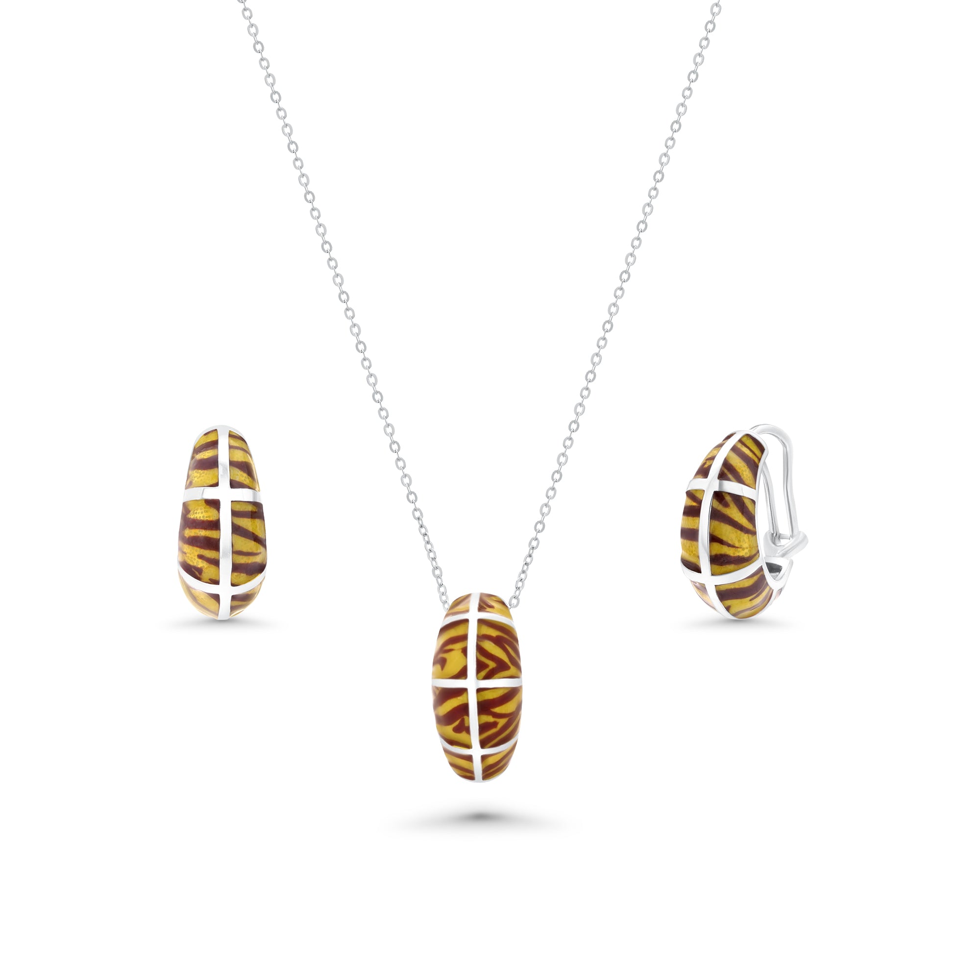 Silver 925 Rhodium Plated Tiger Stripe Print French Clip Earring and Necklace Set - BGS00062