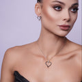 Silver 925 Rhodium Plated Black and Clear Open Heart CZ Stud Earring and Dangling Necklace Set - BGS00070