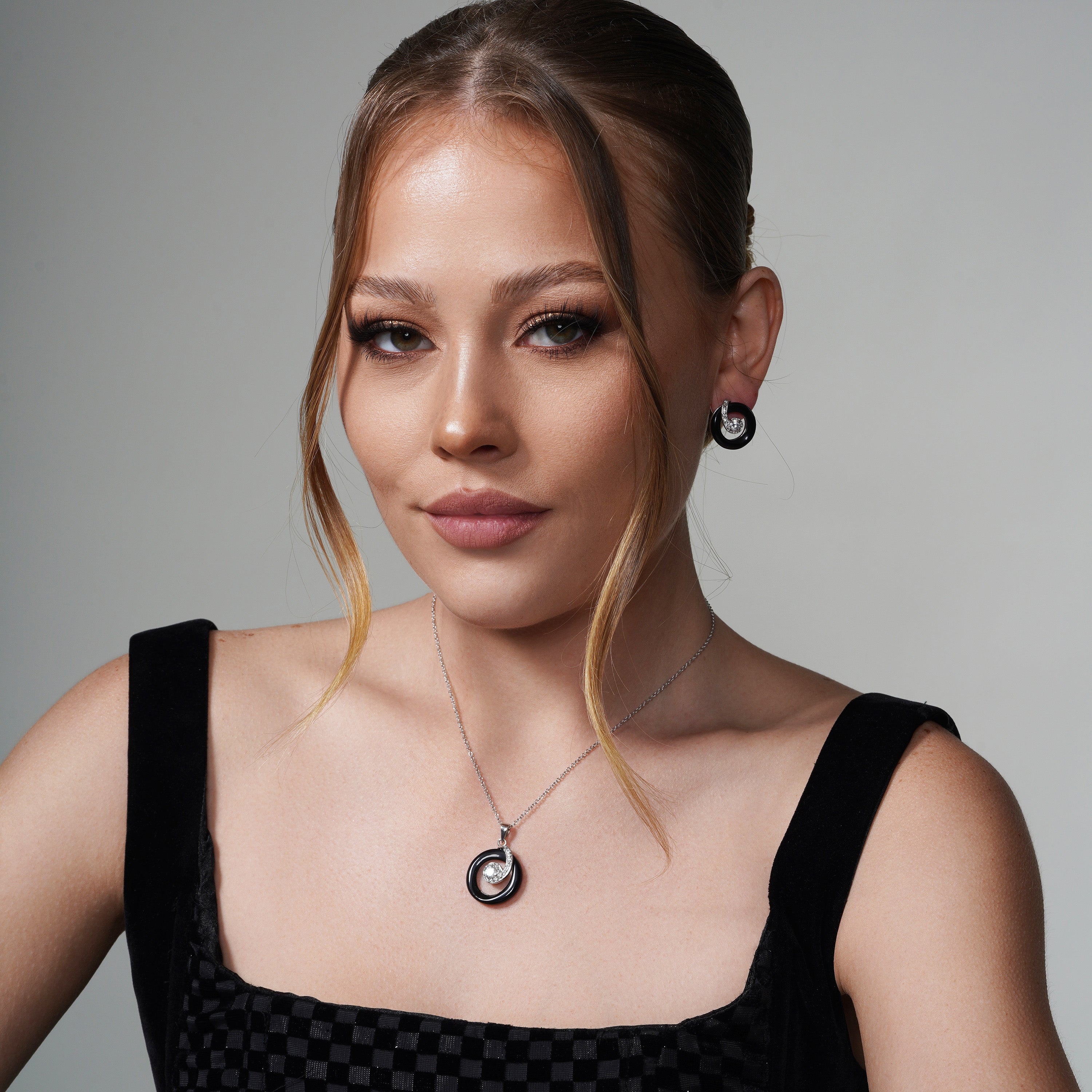 Silver 925 Rhodium Plated Open Black Onyx Circle Clear CZ Stud Earring and Dangling Necklace Set - BGS00072