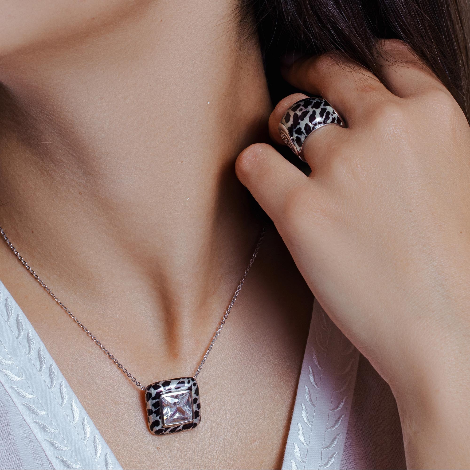 Silver 925 Rhodium Plated Square Leopard Print Clear CZ Stud Earring and Necklace Set - BGS00073