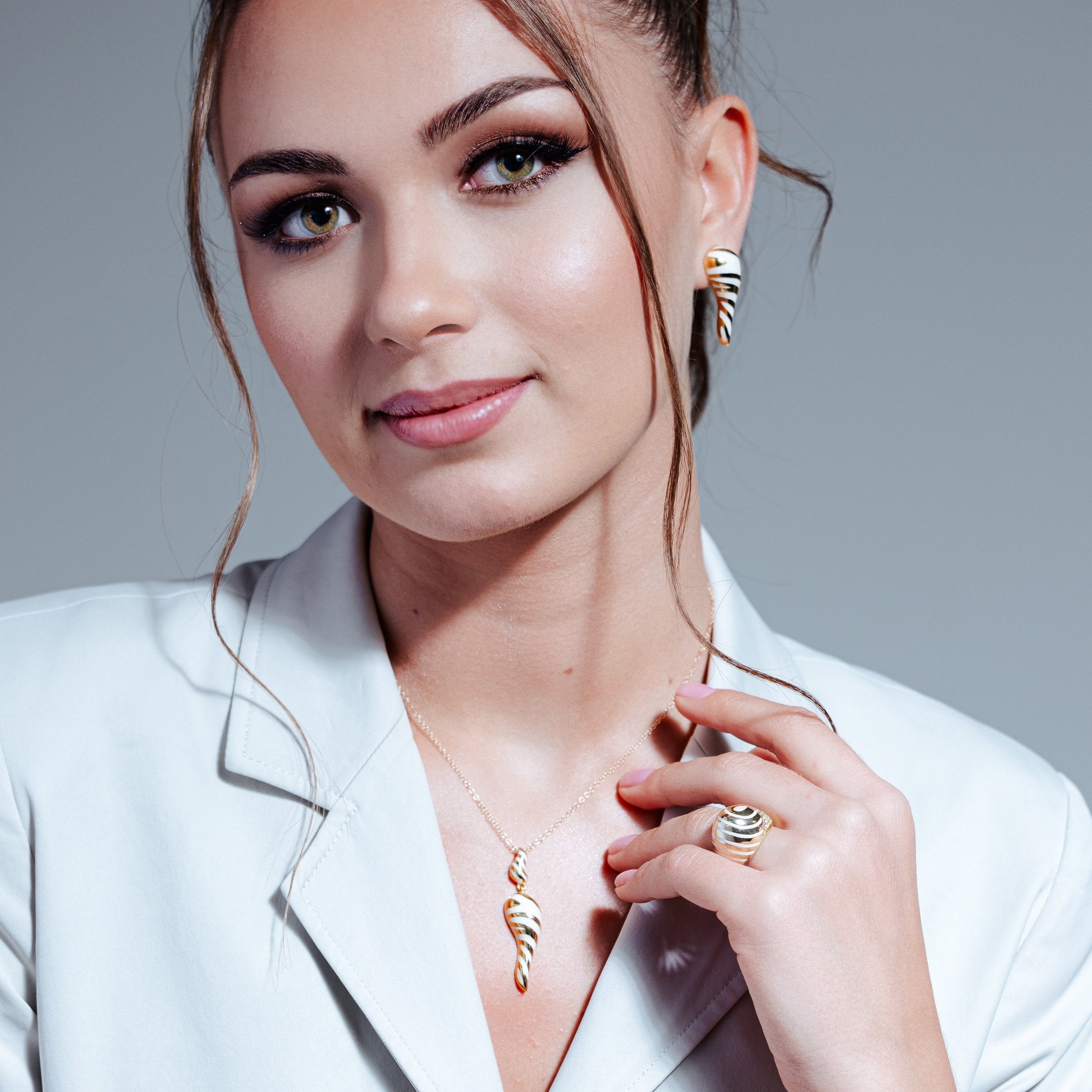 Silver 925 Gold Plated Zebra Stripe Print Drop CZ Stud Earring and Necklace Set - BGS00083-WHT