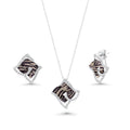 Silver 925 Rhodium Plated Zebra Stripe Print Square Clear CZ French Clip Earring and Necklace Set - BGS00086