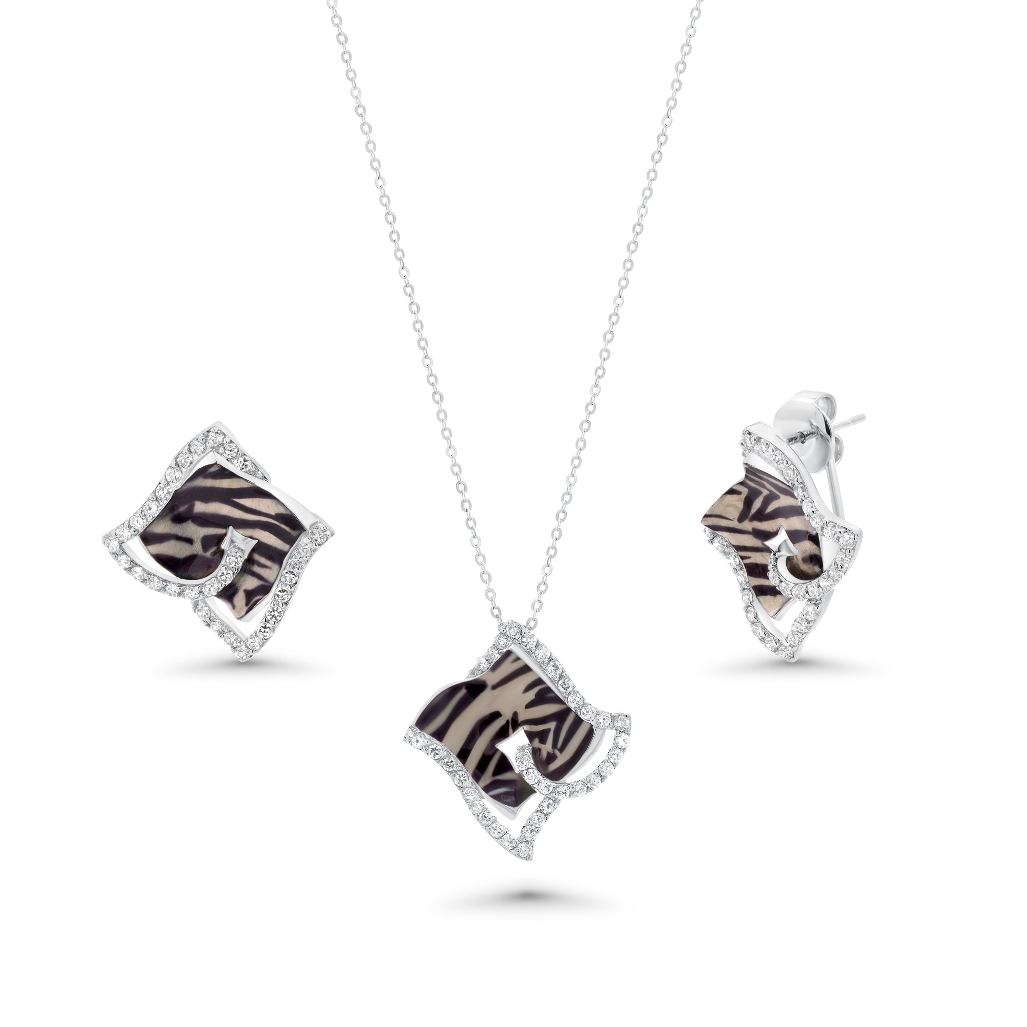 Silver 925 Rhodium Plated Zebra Stripe Print Square Clear CZ French Clip Earring and Necklace Set - BGS00086