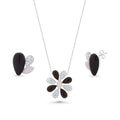 Silver 925 Rhodium Plated Black Onyx White Enamel Clear Flower CZ Stud Earring and Necklace Set - BGS00088