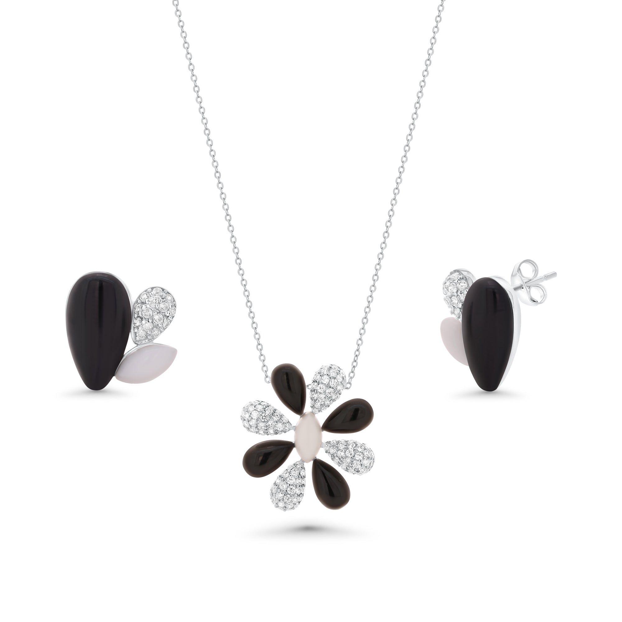 Silver 925 Rhodium Plated Black Onyx White Enamel Clear Flower CZ Stud Earring and Necklace Set - BGS00088