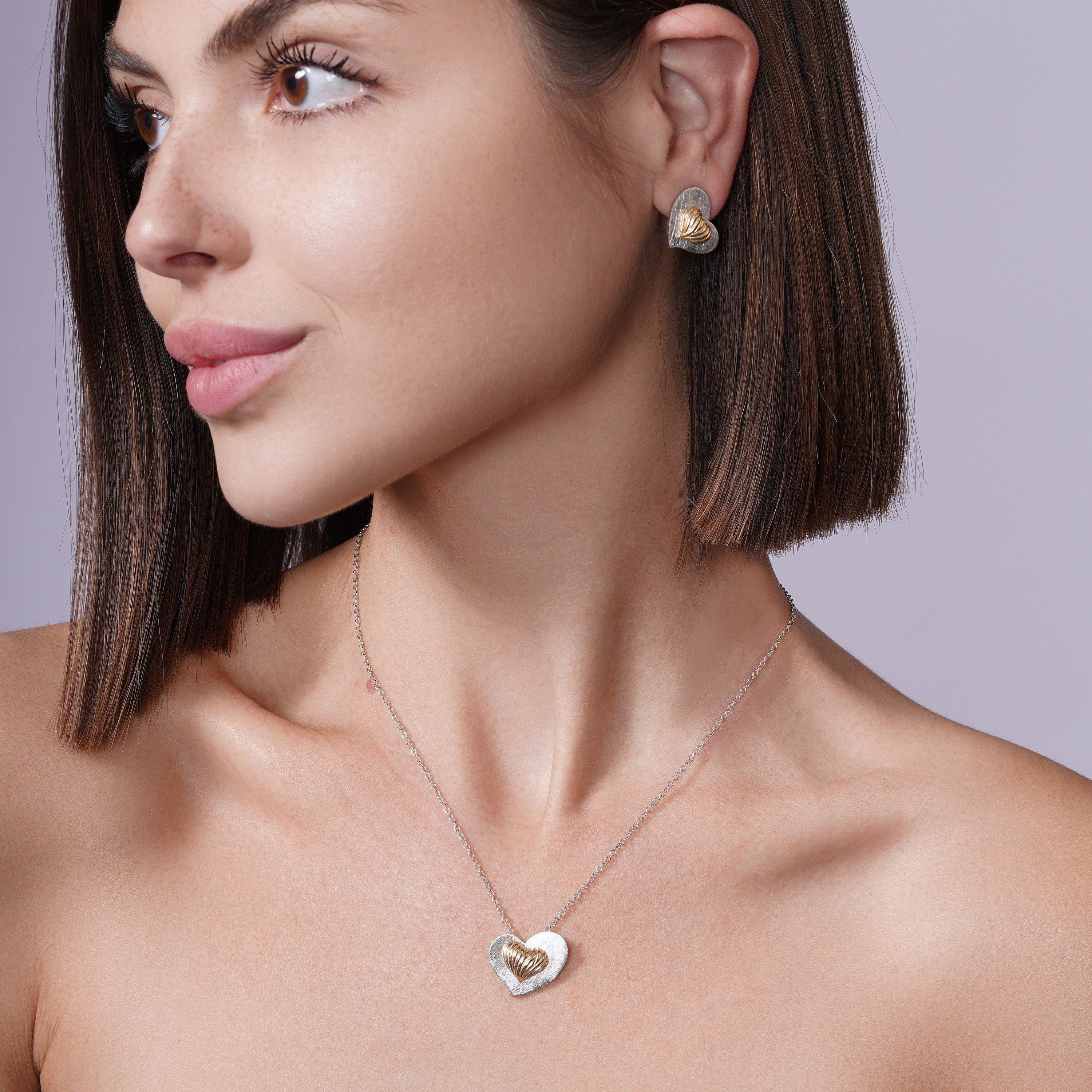 Silver 925 Rhodium and Gold Plated Matte Finish Shell Heart Stud Earring and Necklace Set - BGS00095