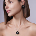Silver 925 Rhodium Plated Black Onyx Flower Clear CZ Stud Earring and Necklace Set - BGS00097