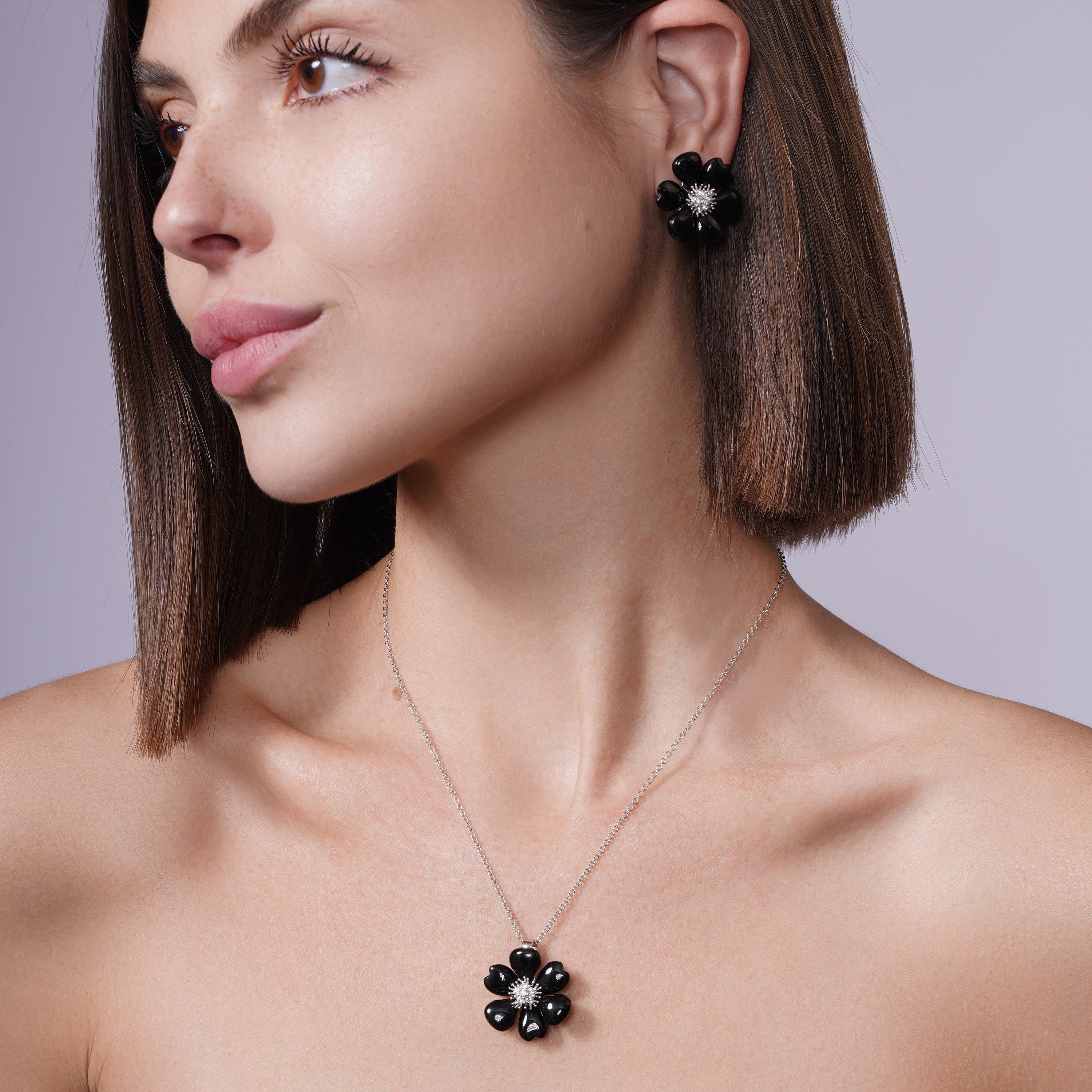 Silver 925 Rhodium Plated Black Onyx Flower Clear CZ Stud Earring and Necklace Set - BGS00097