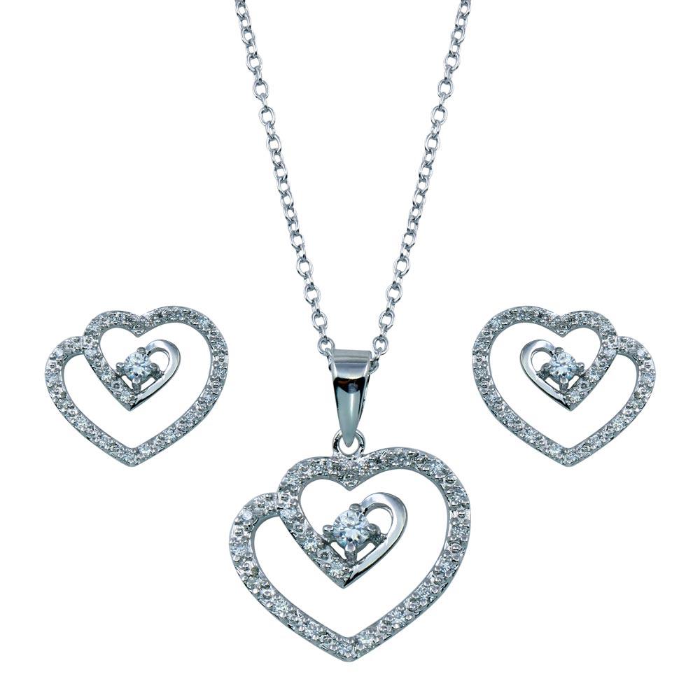 Rhodium Plated 925 Sterling Silver Swirl Open Heart Clear CZ Dangling Matching Set - BGS00106